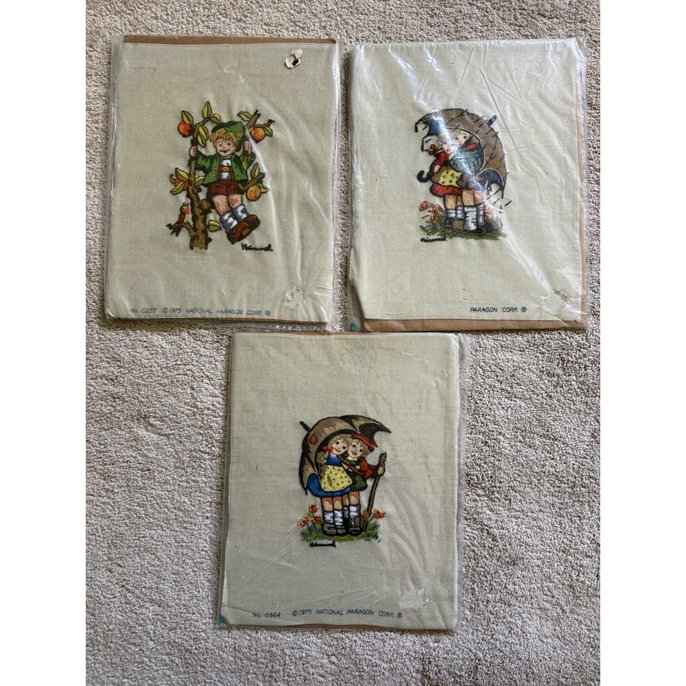 1975 National Paragon Corp Hummel Inspired Needlepoint Lot Of 3